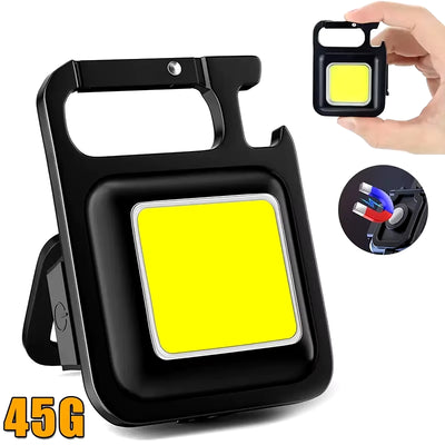 Compact USB Rechargeable COB Work Light with 90° Foldable Side Lights and Keychain Attachment