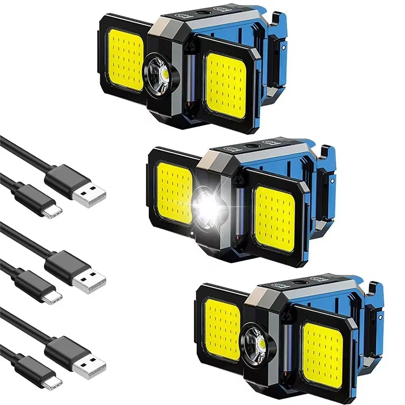 Compact USB Rechargeable COB Work Light with 90° Foldable Side Lights and Keychain Attachment