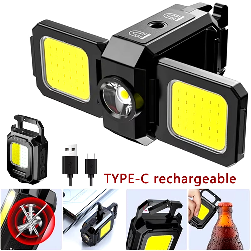 Compact USB Rechargeable COB Work Light with 90° Foldable Side Lights and Keychain Attachment