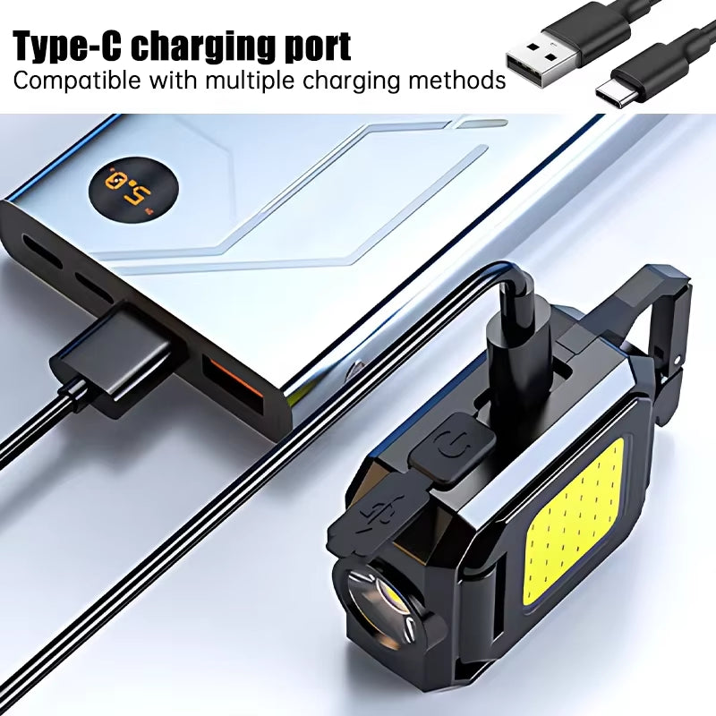 Compact USB Rechargeable COB Work Light with 90° Foldable Side Lights and Keychain Attachment