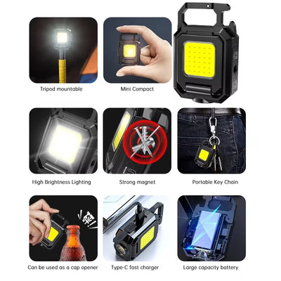 Compact USB Rechargeable COB Work Light with 90° Foldable Side Lights and Keychain Attachment