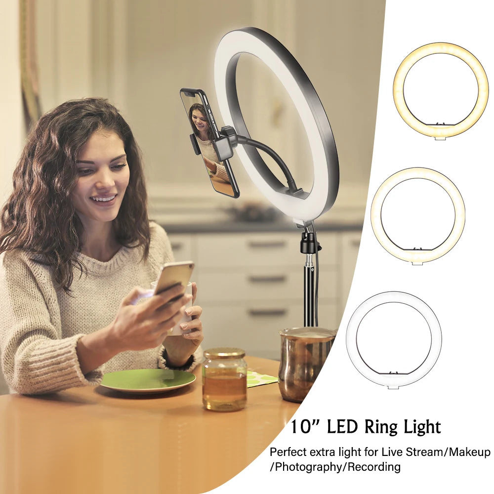 10-Inch LED Ring Light with Phone Clip and Tripod Stand for Selfie Videos and Live Photography on TikTok and YouTube