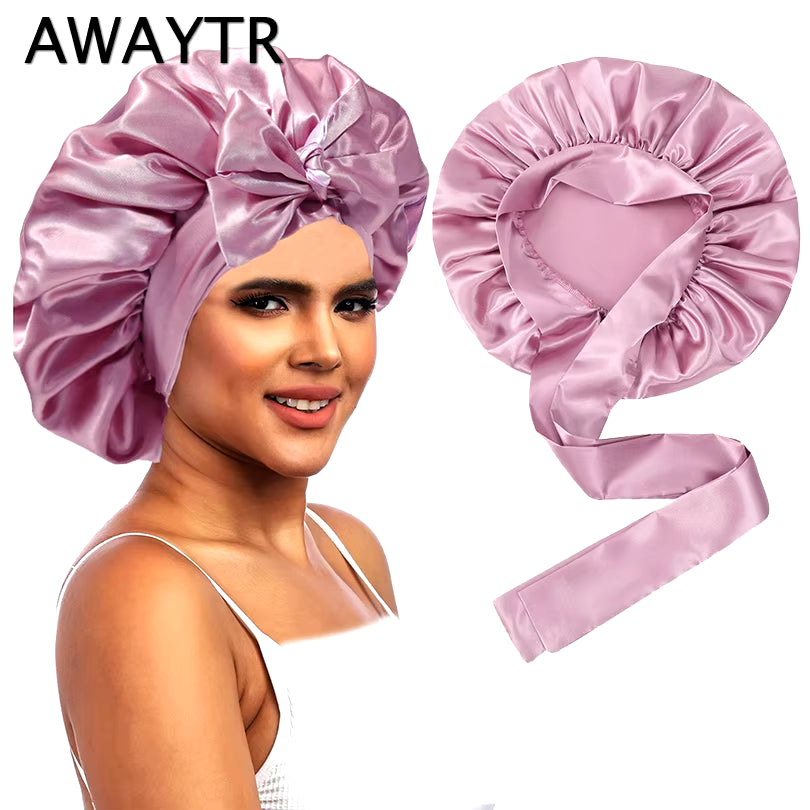 Double Layer Satin Bonnet with Adjustable Wide Stretch Ties for Long Hair Care - Women's Night Sleep Hat and Shower Cap