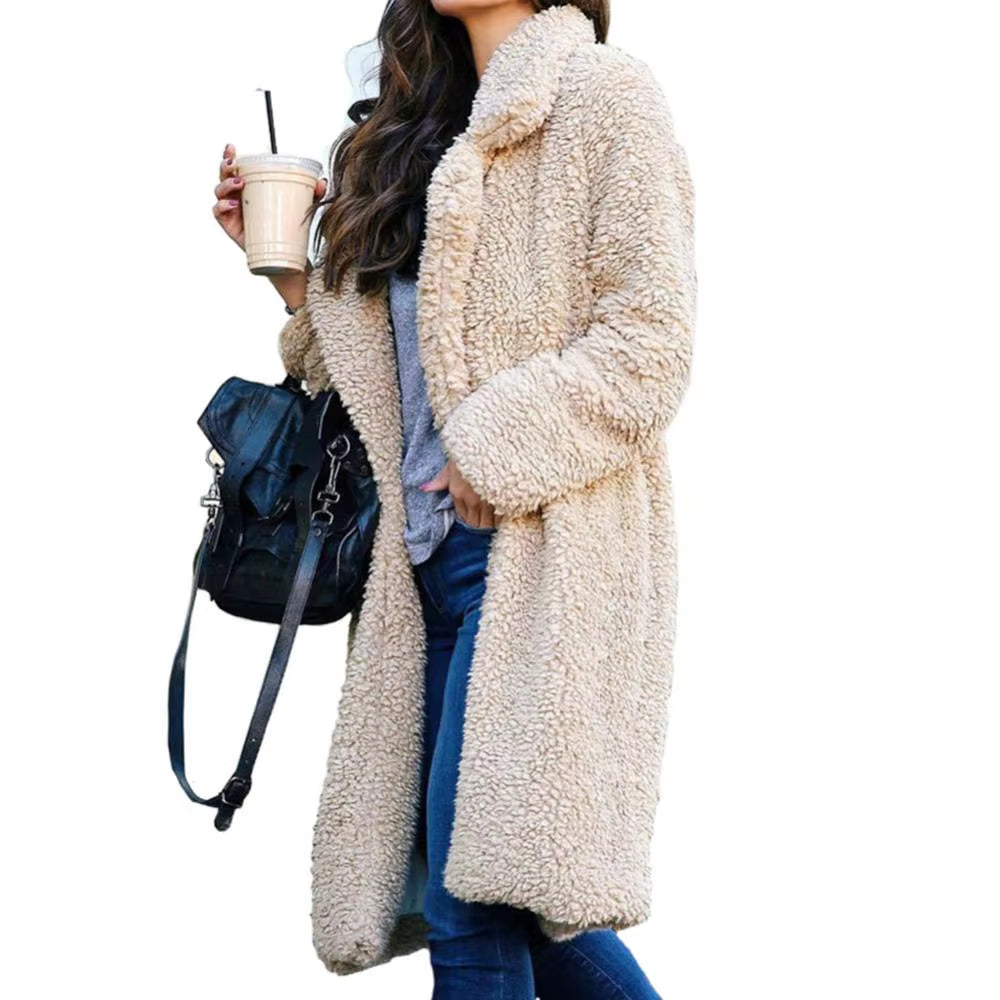 Women's Winter Plush Lapel Long Sleeve Warm Cardigan - Velvet Midi Coat