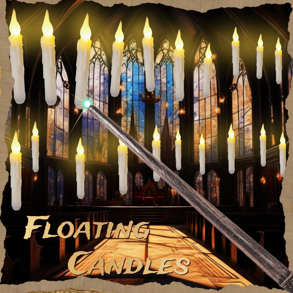 Floating LED Flameless Taper Candles with Magic Wand - 12/48 Pack, Flickering Warm Light for Christmas and Halloween Celebrations