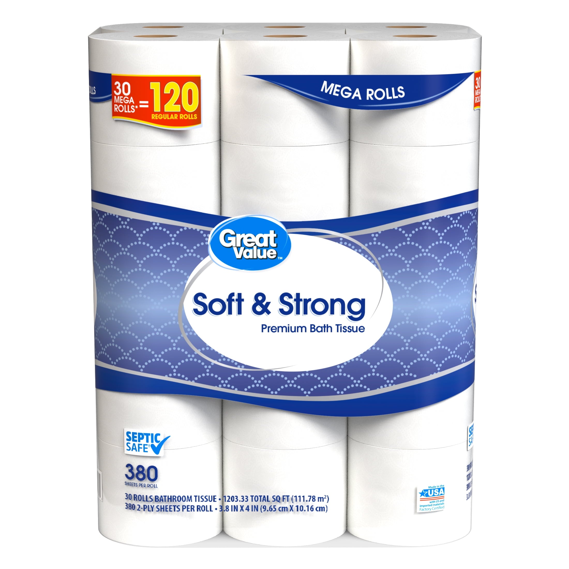 Soft & Strong Premium Toilet Paper, 30 Mega Rolls, 380 Sheets per Roll - CommunityRateLLC