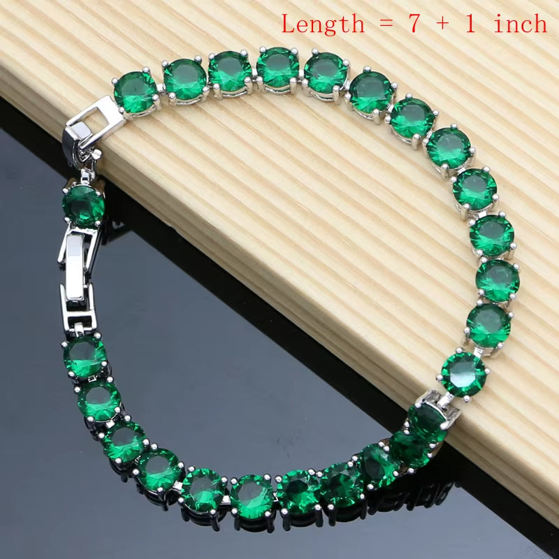 Elegant Silver 925 Jewelry Set with Natural Green Emerald: Earrings, Bracelet, Resizable Ring, and Birthstone Necklace for Fashionable Occasions