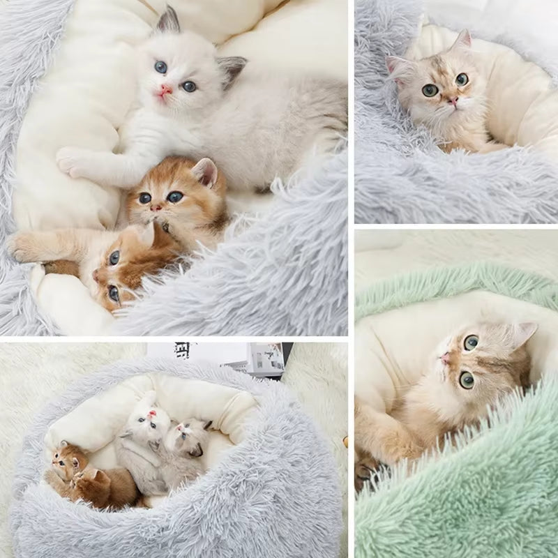 Premium Winter Plush Round Cat Bed and Cushion - 2-in-1 Warm Pet Sleep Bag and Nest for Small Dogs and Cats