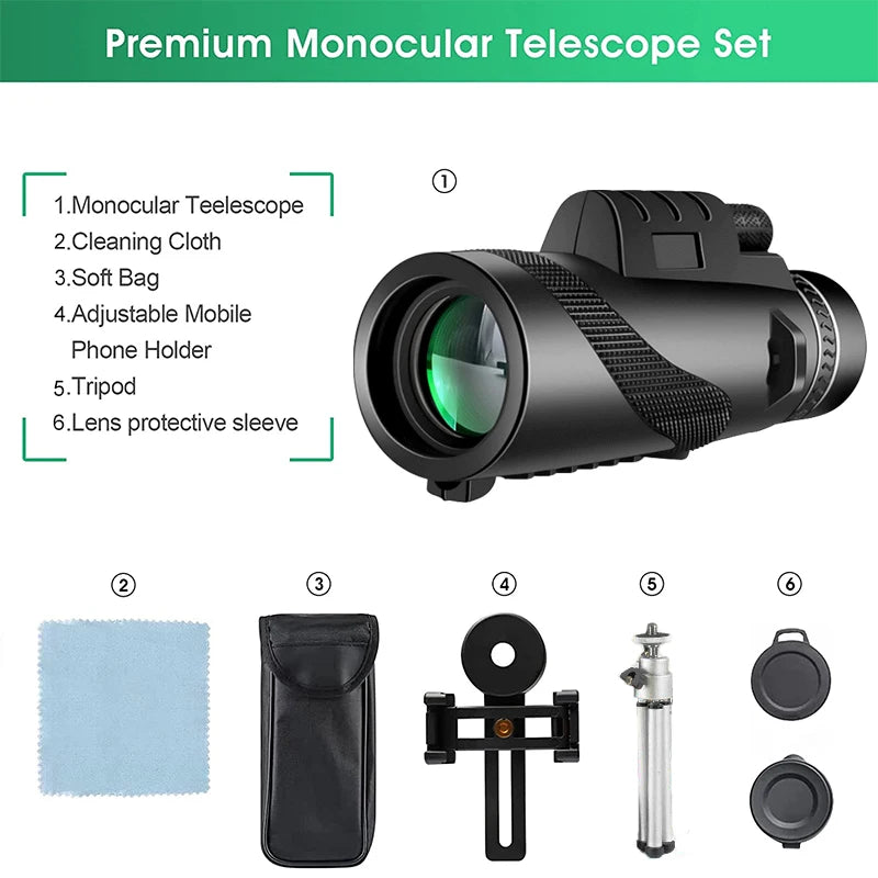 80x100 HD Zoom Monocular Telescope - Portable Long-Range Binoculars for Hunting and Camping with Tripod and Phone Clip