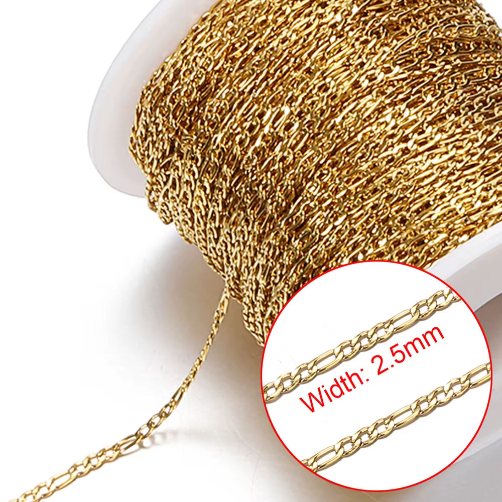 2-Meter No Fade Stainless Steel Chains for Jewelry Making - Gold Beaded Necklace and Bracelet Accessories