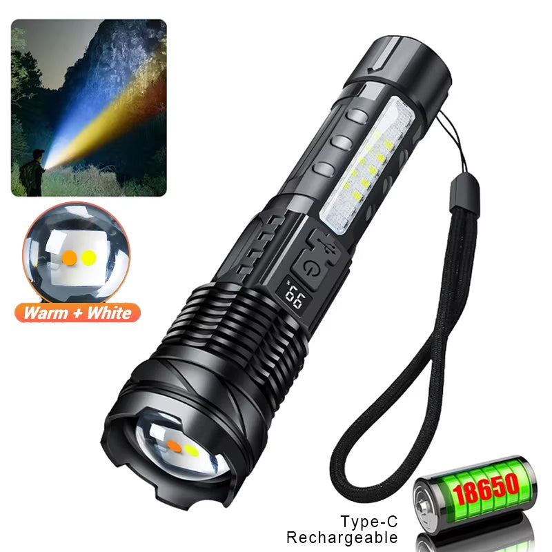 XHP50 Waterproof LED Flashlight with Side Light, 7 Modes, USB Rechargeable, Zoom Function - Ideal for Camping and Fishing