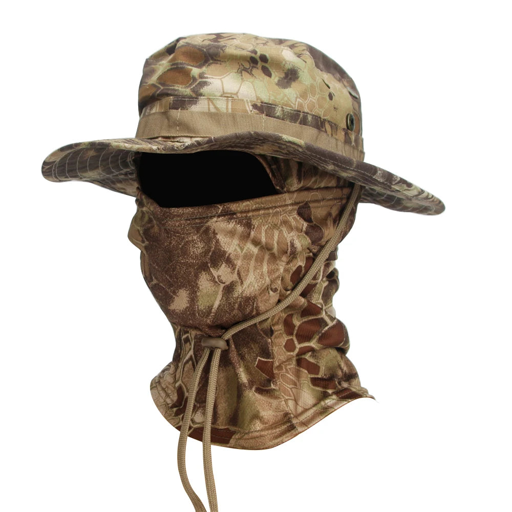 Camouflage Boonie Cap and Balaclava Set - Foldable Soft Outdoor Hat for Hunting and Fishing with Wide Brim for Sun Protection