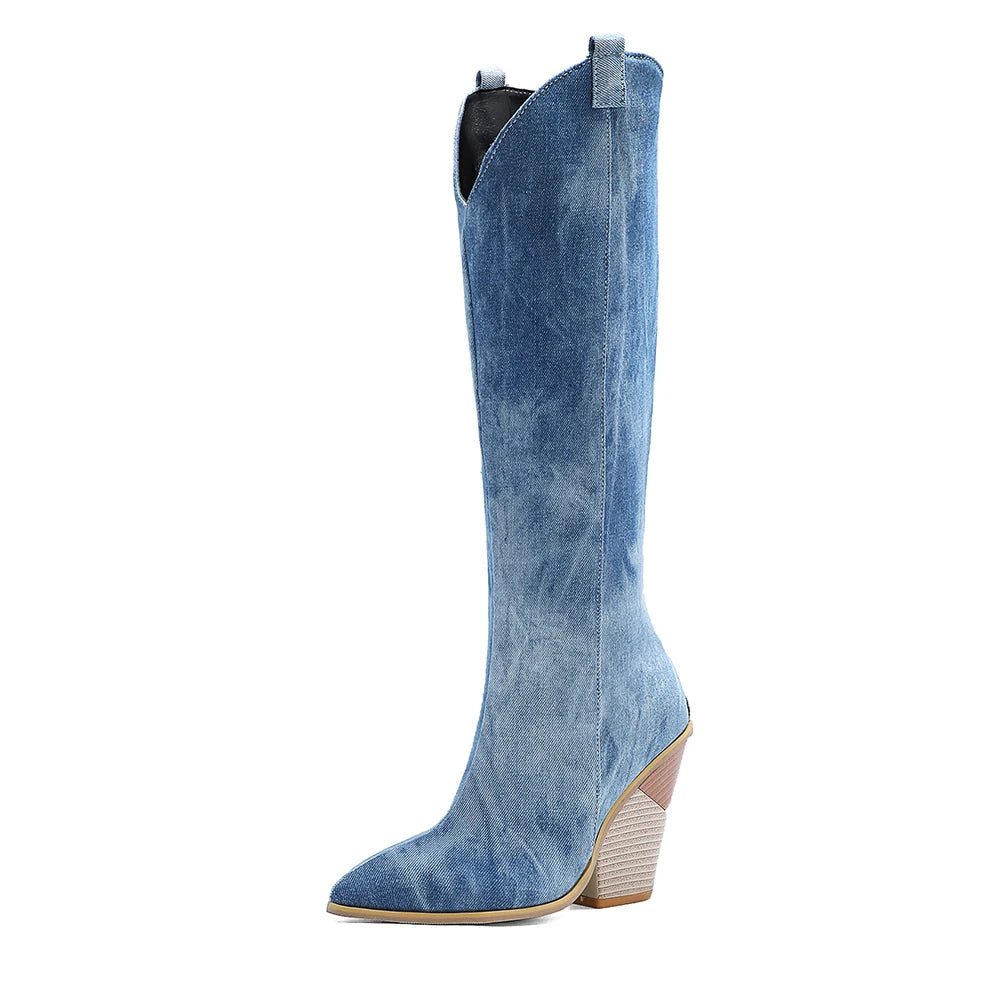 Black Pink Blue Knee High Boots Western Cowboy Boots for Women Long Winter Boots Pointed Toe Cowgirl Wedges Motorcycle Boots