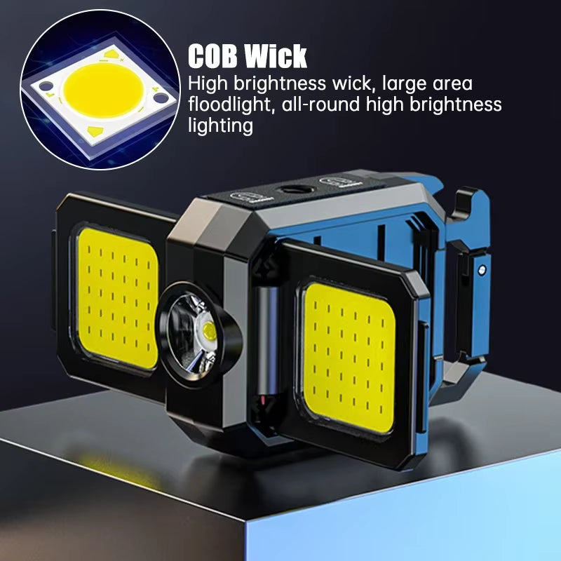 Compact USB Rechargeable COB Work Light with 90° Foldable Side Lights and Keychain Attachment