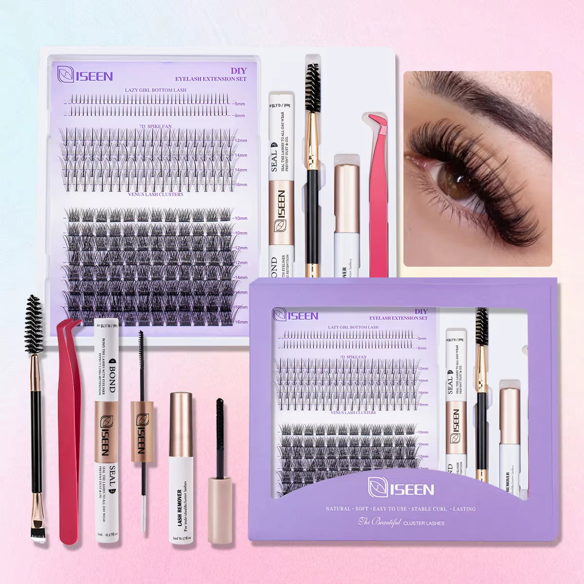 DIY Lash Extension Kit: Mixed Style Lash Clusters with Bond & Seal, Remover, Tweezers, and Lash Brush for Self-Application Makeup