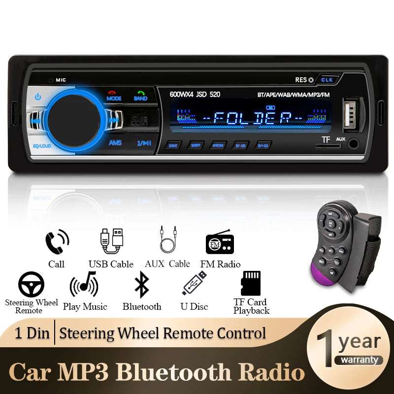 1 Din Digital Bluetooth Car Stereo MP3 Player with FM Radio, USB/SD, and AUX Input - 60W x 4 Audio Output