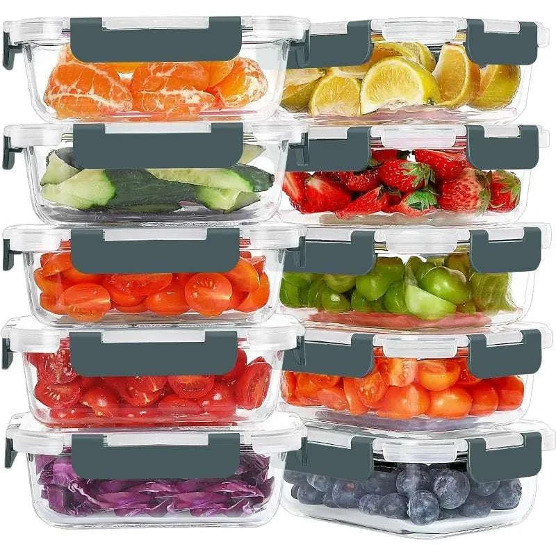 10 pack 22 oz glass meal prep containers with BPA-free airtight lids, ideal for food storage and lunch boxes