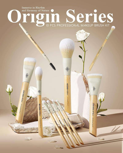 10-Piece Makeup Brush Set with Corn Silk Fiber Vegan Brushes for Foundation, Powder, Concealers, Eye Shadows, and Liquid Kabuki (Original Series).