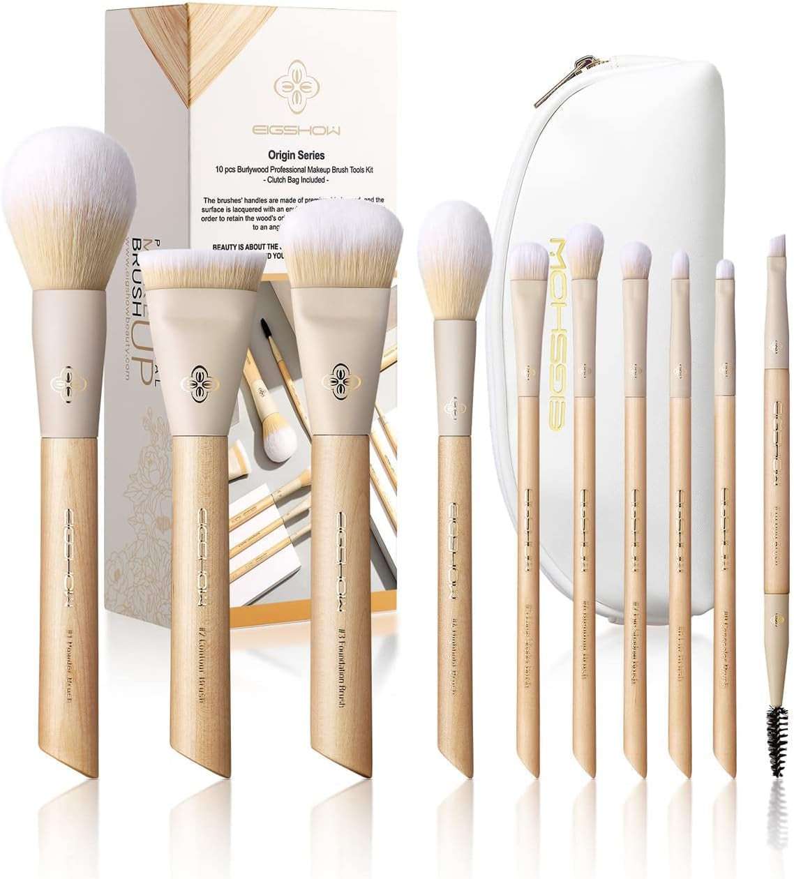 10-Piece Makeup Brush Set with Corn Silk Fiber Vegan Brushes for Foundation, Powder, Concealers, Eye Shadows, and Liquid Kabuki (Original Series).