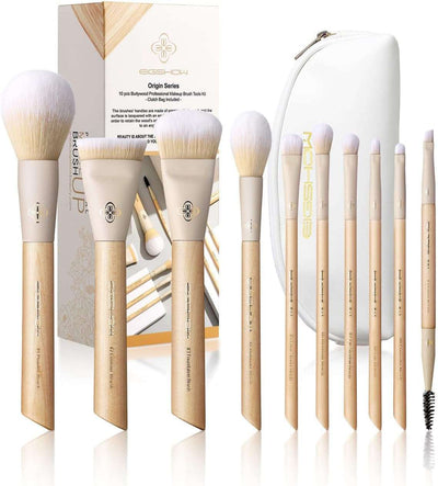 10-Piece Makeup Brush Set with Corn Silk Fiber Vegan Brushes for Foundation, Powder, Concealers, Eye Shadows, and Liquid Kabuki (Original Series).