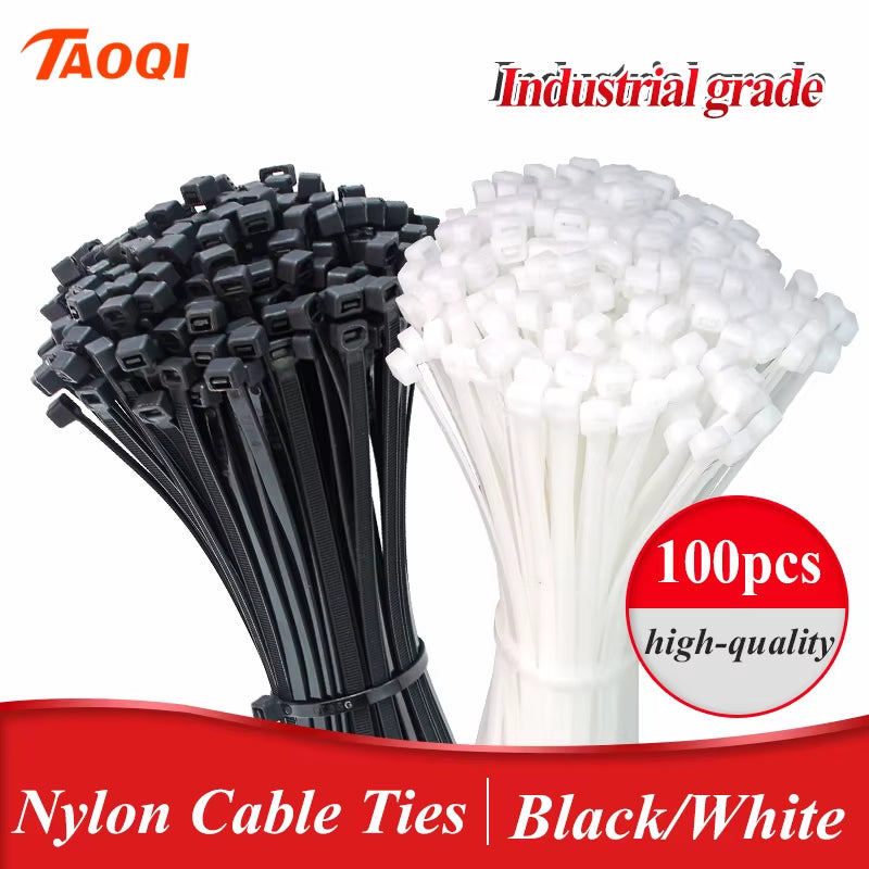 Self-Locking Nylon Cable Ties - 100 Pack, Black Zip Wraps for Secure Fastening and Wire Management