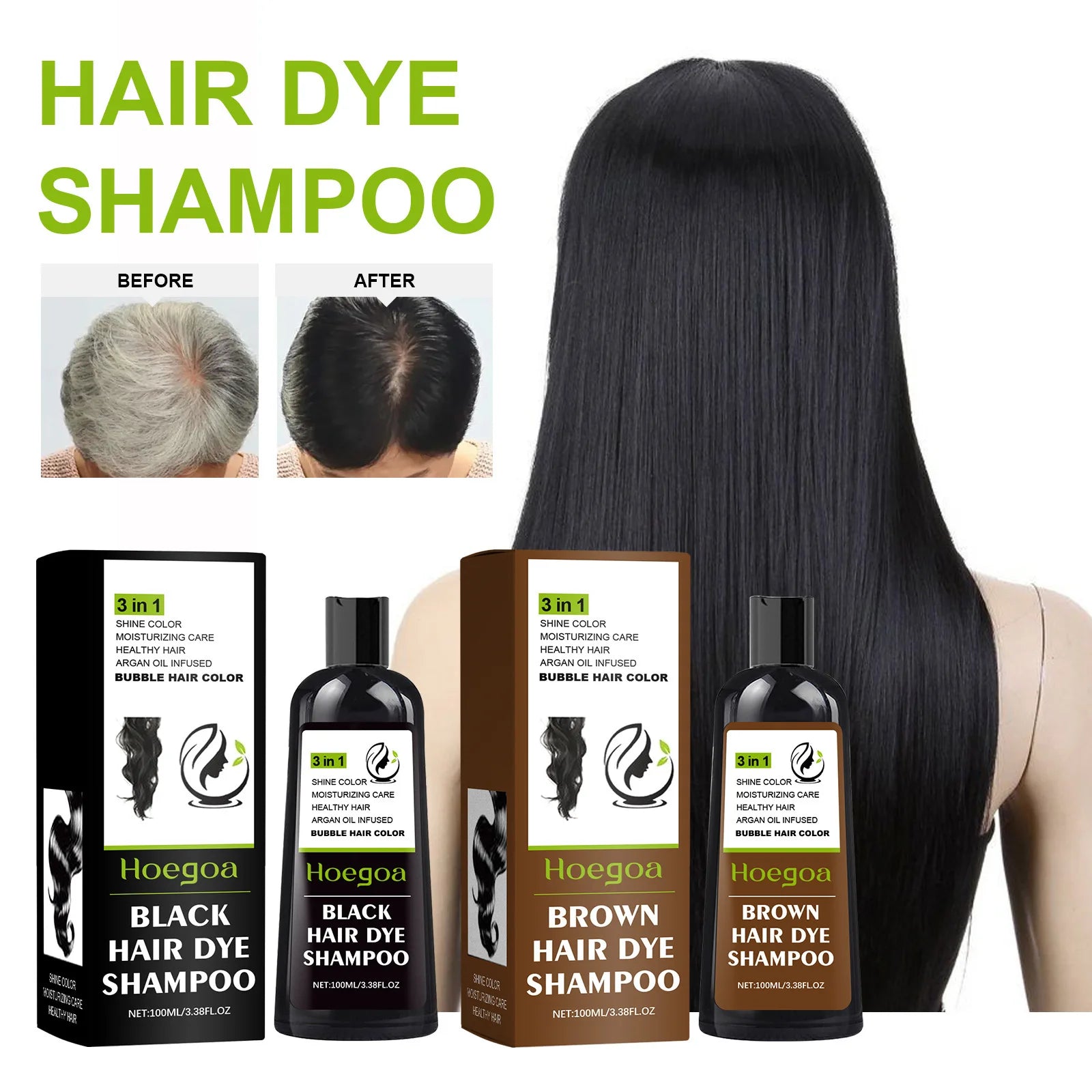 100ml bubble hair dye shampoo for natural black, brown coverage. Moisturizes, nourishes, covers gray and white hair with styling benefits.