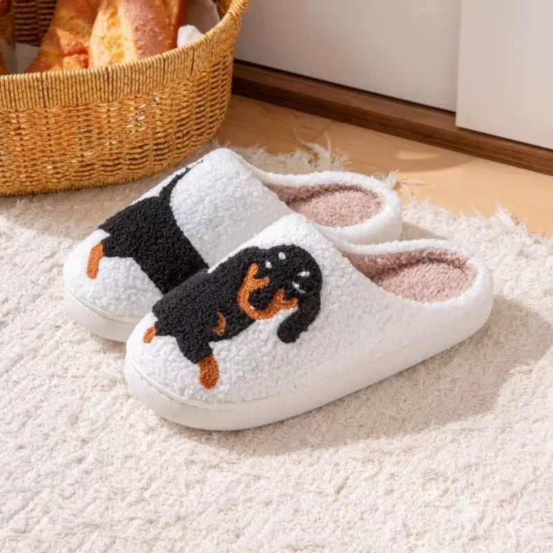 Dachshund Pattern Embroidered Plush Slippers with Thick Sole - Warm, Non-Slip Indoor Footwear for Pet Lovers