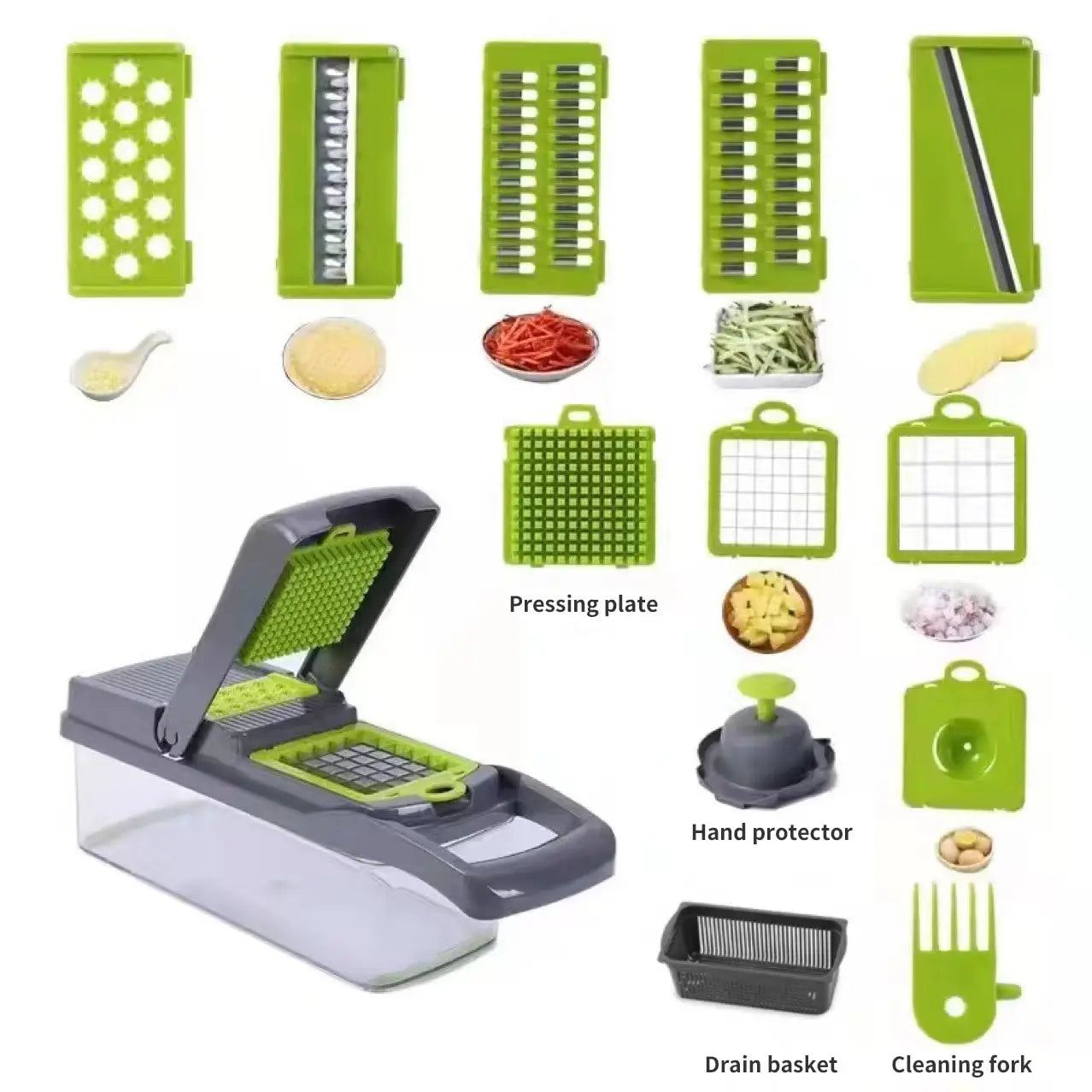 12-in-1 Multifunctional Vegetable Slicer and Chopper with Basket - Green and Black