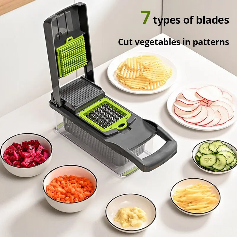 12-in-1 Multifunctional Vegetable Slicer and Chopper with Basket - Green and Black