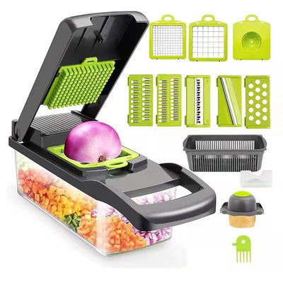 12-in-1 Multifunctional Vegetable Slicer and Chopper with Basket - Green and Black