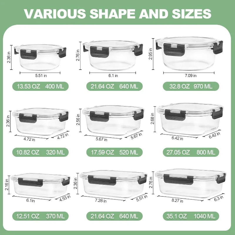 12 pack glass food storage containers with leak proof airtight lids, ideal for kitchen pantry, meal prep, and lunch organization