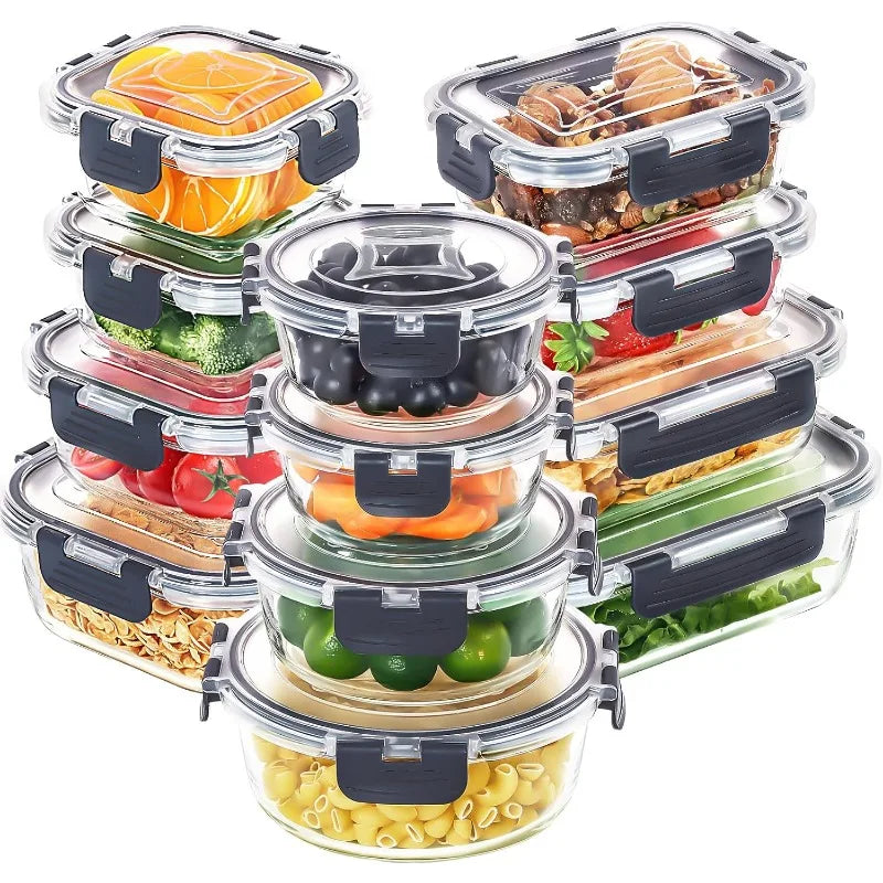 12 pack glass food storage containers with leak proof airtight lids, ideal for kitchen pantry, meal prep, and lunch organization