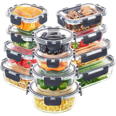 12 pack glass food storage containers with leak proof airtight lids, ideal for kitchen pantry, meal prep, and lunch organization