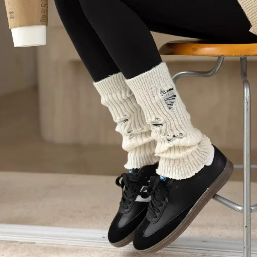 Ladies' Knitted Long Socks and Arm Warmers - White Crochet Leg Warmers for Autumn and Winter