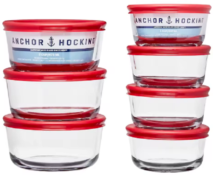 14-piece clear glass food storage container set, non-toxic, microwave, dishwasher, and freezer safe.
