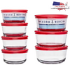 14-piece clear glass food storage container set, non-toxic, microwave, dishwasher, and freezer safe.