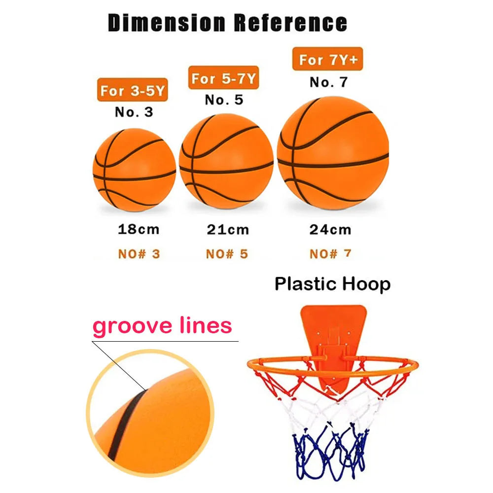 Silent Foam Basketball - Sizes 3, 5, and 7 - Indoor Dribble Soft Ball for Quiet Play - Mute Bouncing Airless Sports Toy