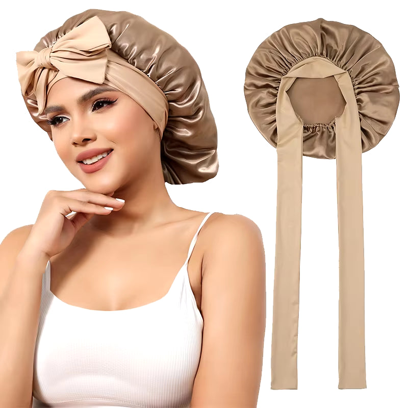 Double Layer Satin Bonnet with Adjustable Wide Stretch Ties for Long Hair Care - Women's Night Sleep Hat and Shower Cap