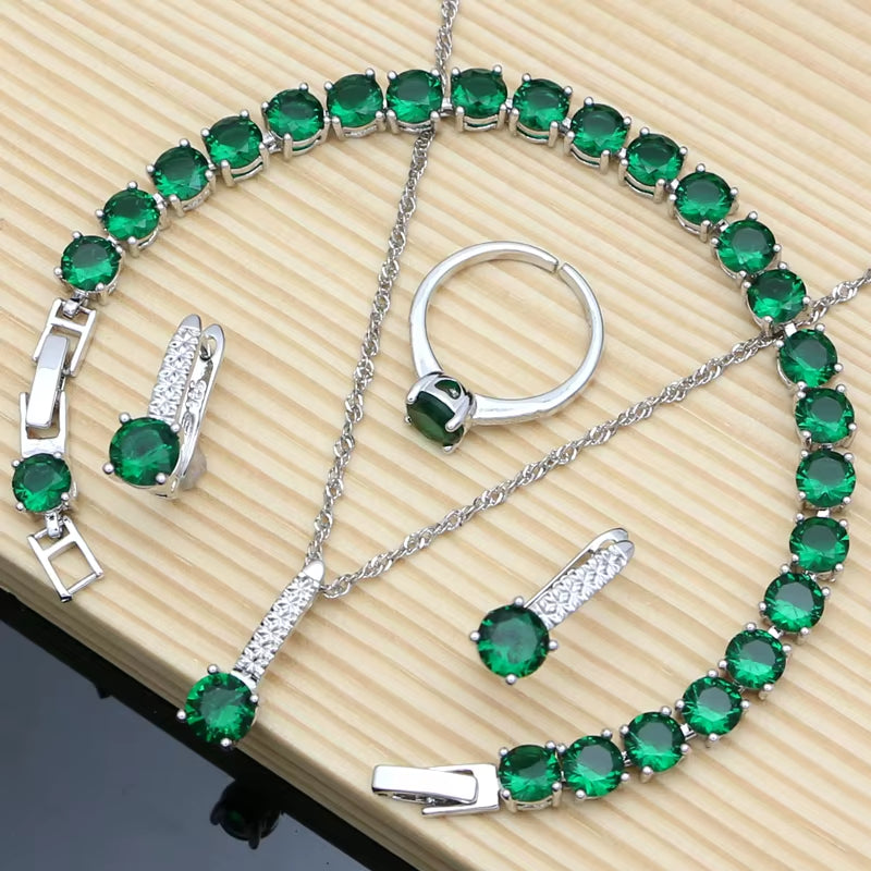 Elegant Silver 925 Jewelry Set with Natural Green Emerald: Earrings, Bracelet, Resizable Ring, and Birthstone Necklace for Fashionable Occasions
