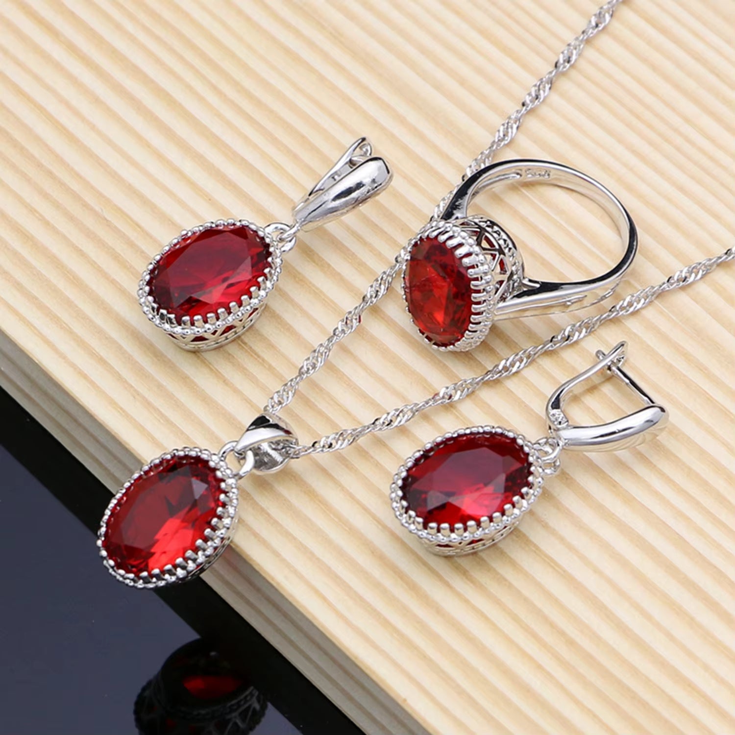 Natural 925 Silver Jewelry Set with Red Birthstone for Women - Earrings, Pendant, Necklace, Ring, and Bracelets T055