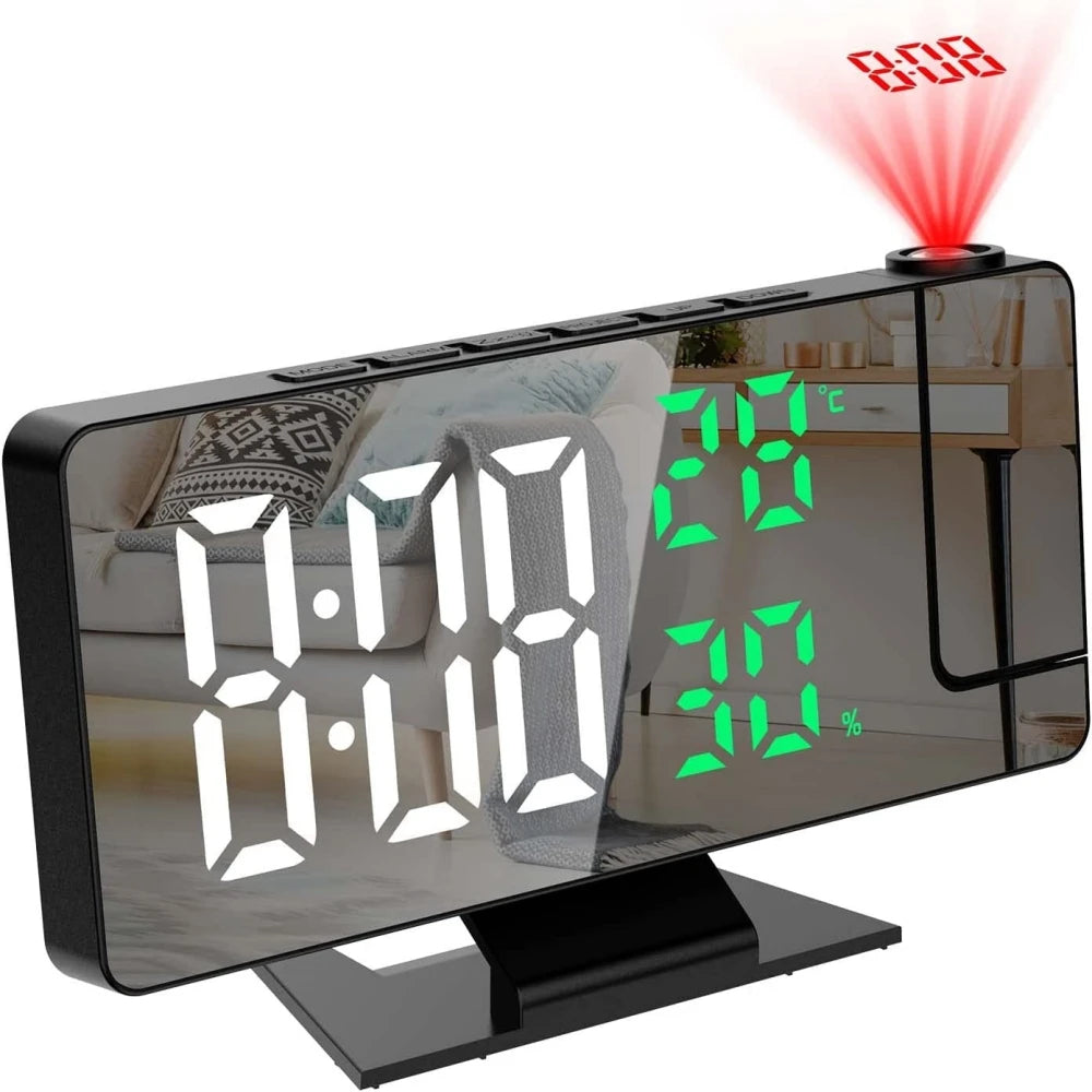 180° Projection Digital Alarm Clock with Temperature and Humidity Display, Night Mode, Snooze Function, 12/24 Hour Format, USB Powered LED Table Clock