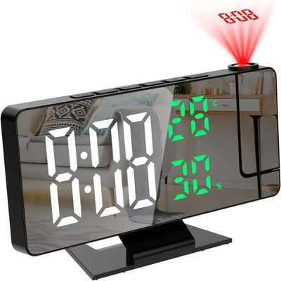 180° Projection Digital Alarm Clock with Temperature and Humidity Display, Night Mode, Snooze Function, 12/24 Hour Format, USB Powered LED Table Clock