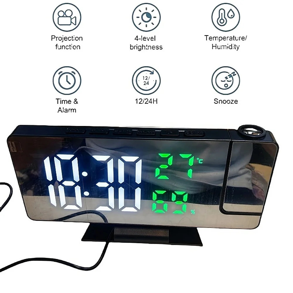 180° Projection Digital Alarm Clock with Temperature and Humidity Display, Night Mode, Snooze Function, 12/24 Hour Format, USB Powered LED Table Clock