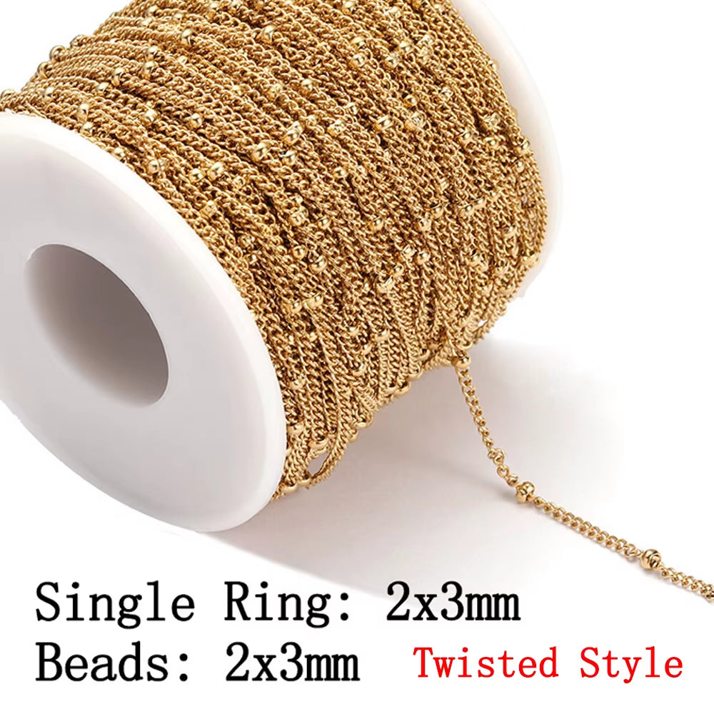 2-Meter No Fade Stainless Steel Chains for Jewelry Making - Gold Beaded Necklace and Bracelet Accessories