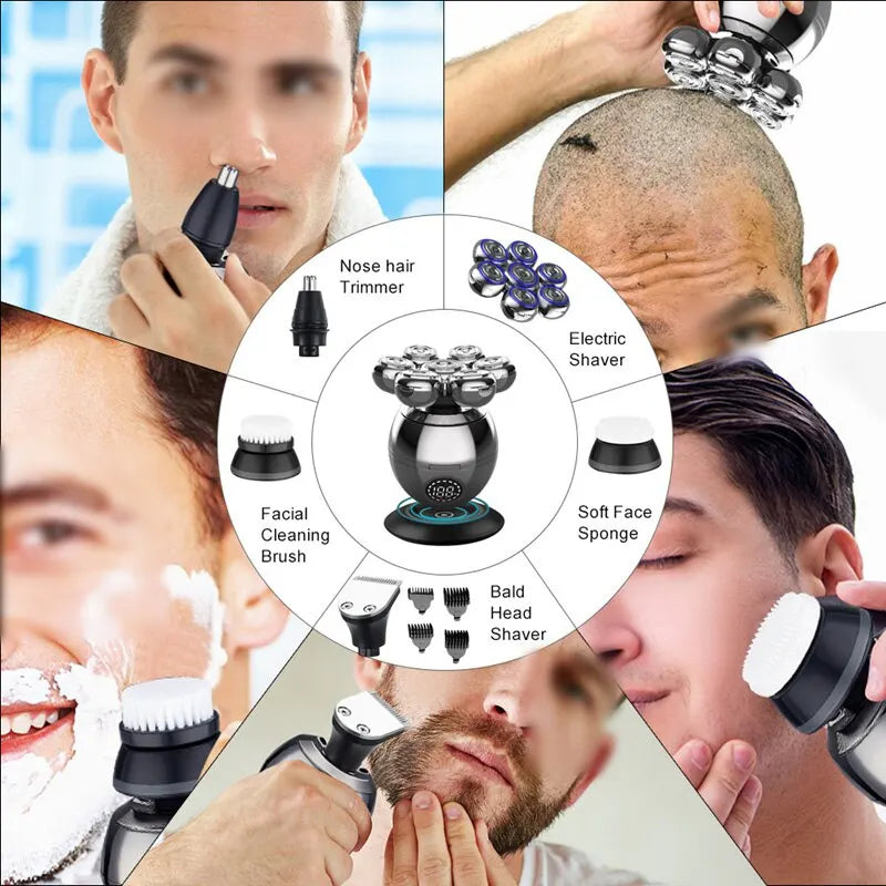 7D Floating Cutter Electric Shaver for Men - Portable Waterproof Beard Trimmer and Skull Shaver with Base Charging