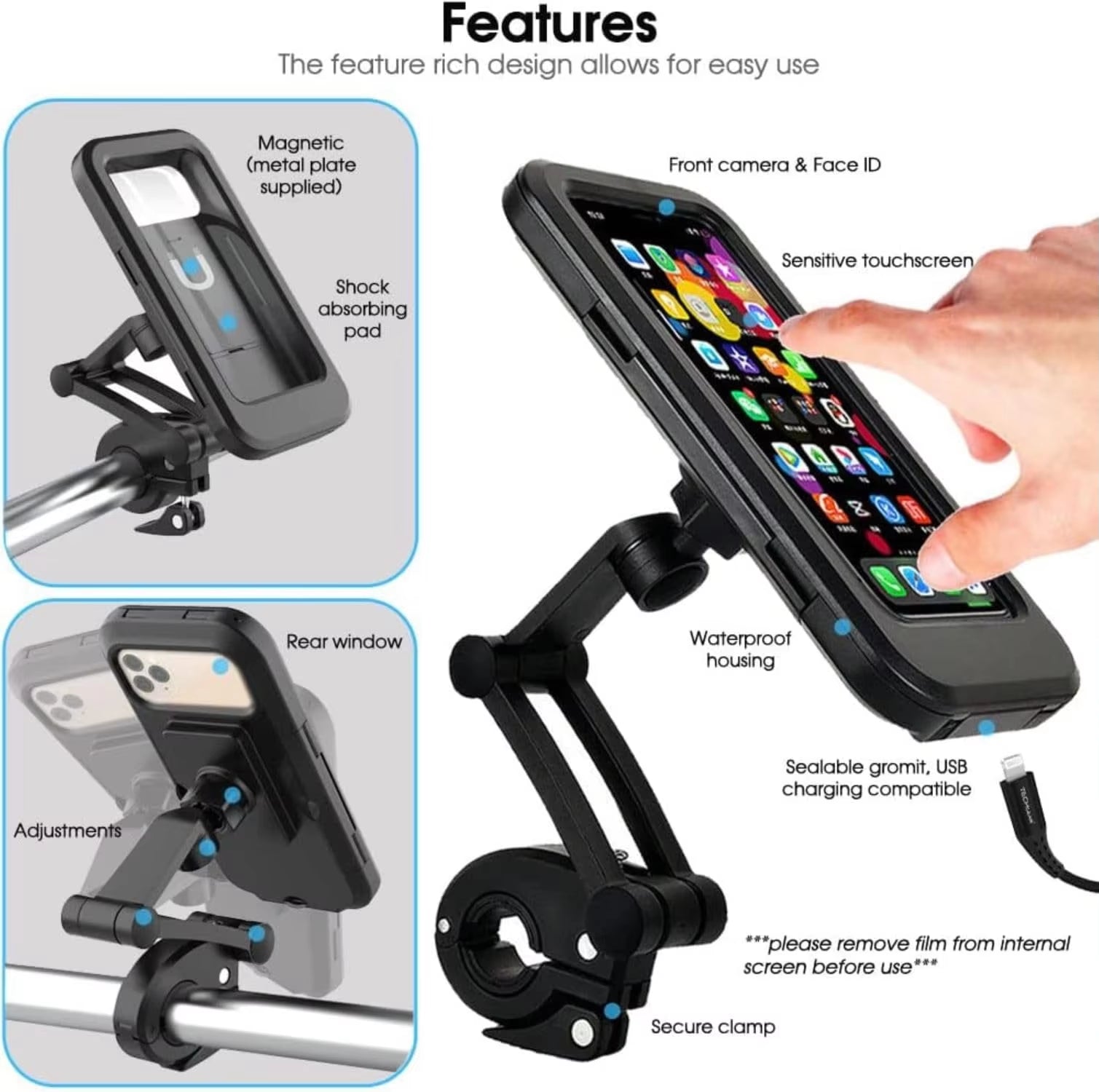 Adjustable 360° Rotating Waterproof Bike and Motorcycle Phone Mount with Anti-Shock Design and Touchscreen Compatibility