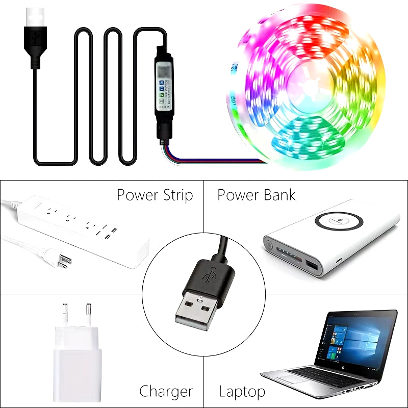 Bluetooth WiFi App-Controlled RGB 5050 SMD Flexible LED Strip Lights with USB Power Adapter and Adhesive Tape