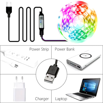 Bluetooth WiFi App-Controlled RGB 5050 SMD Flexible LED Strip Lights with USB Power Adapter and Adhesive Tape