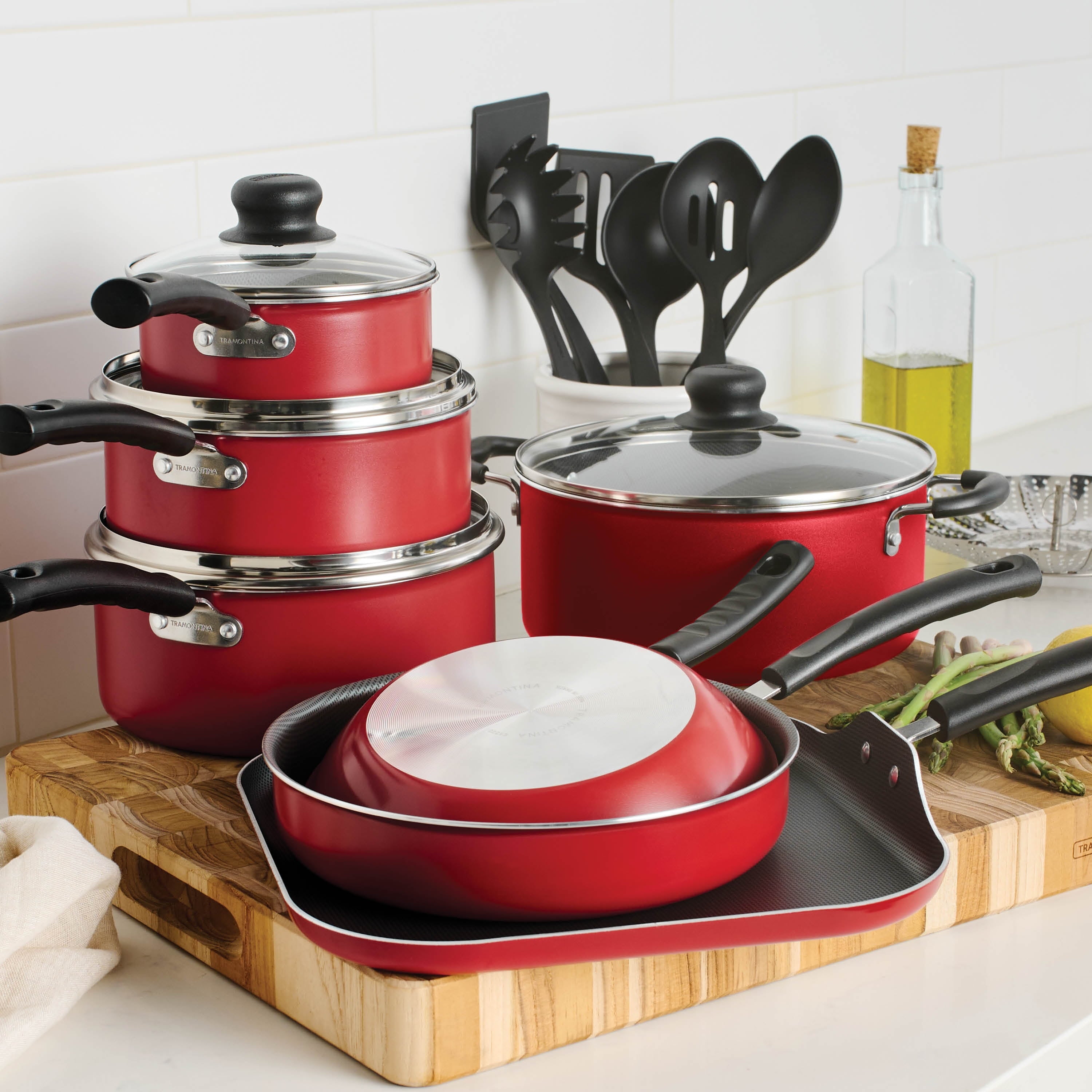 Primaware 18 Piece Non-Stick Cookware Set, Red - CommunityRateLLC