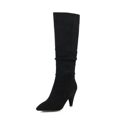 Knee High Boots for Women Folds Western Cowboy Long Boots Female Winter Boots Pointed Toe Heels Cowgirl Boots Woman Suede